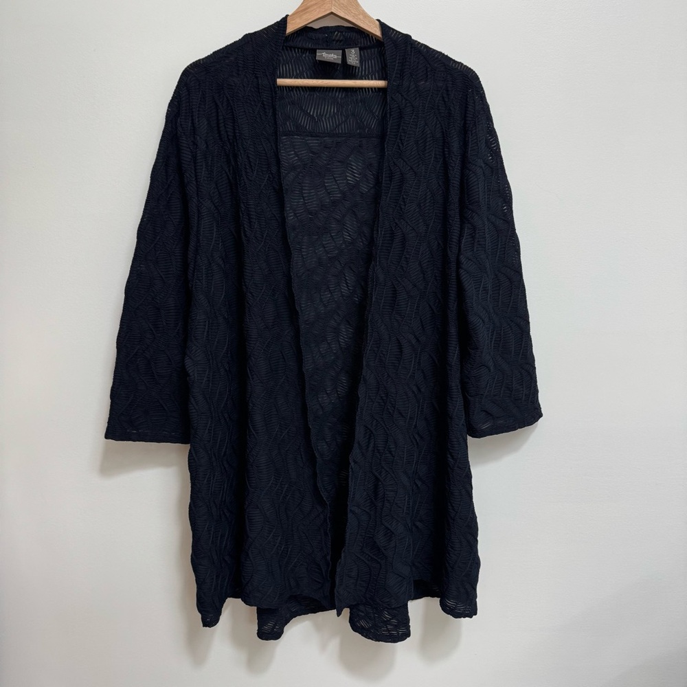 Chico’s Travelers Textured Semi-Sheer Cardigan Women XL Longline Open Front Navy - Picture 2 of 13